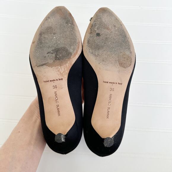 Manolo Blahnik Hangisi Black Satin Crystal Buckle Pumps Embellished Heels 36 - Picture 6 of 7